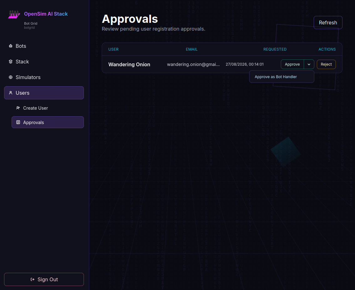 OpenSim web interface approval screen