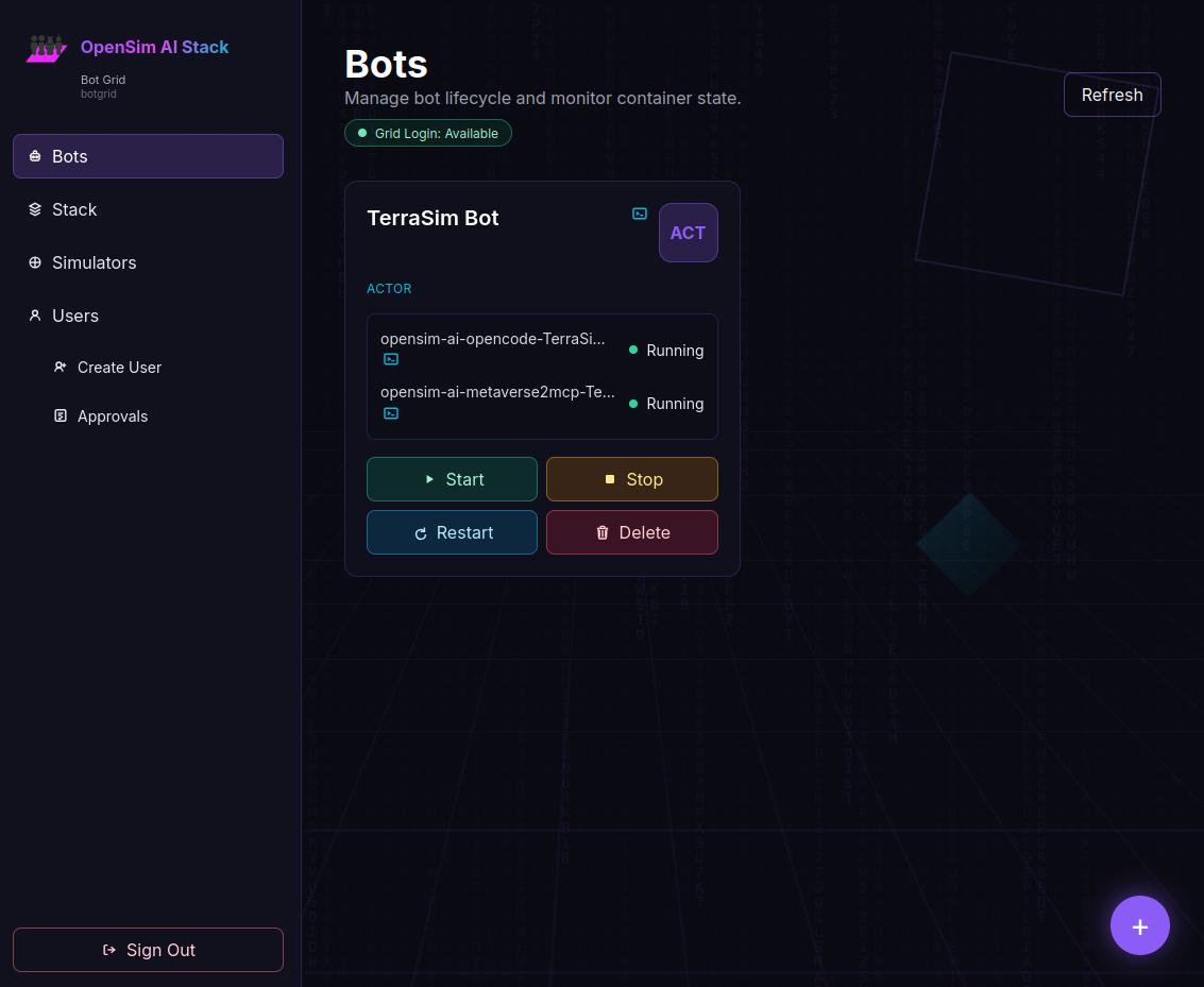 OpenSim web interface bots management screen