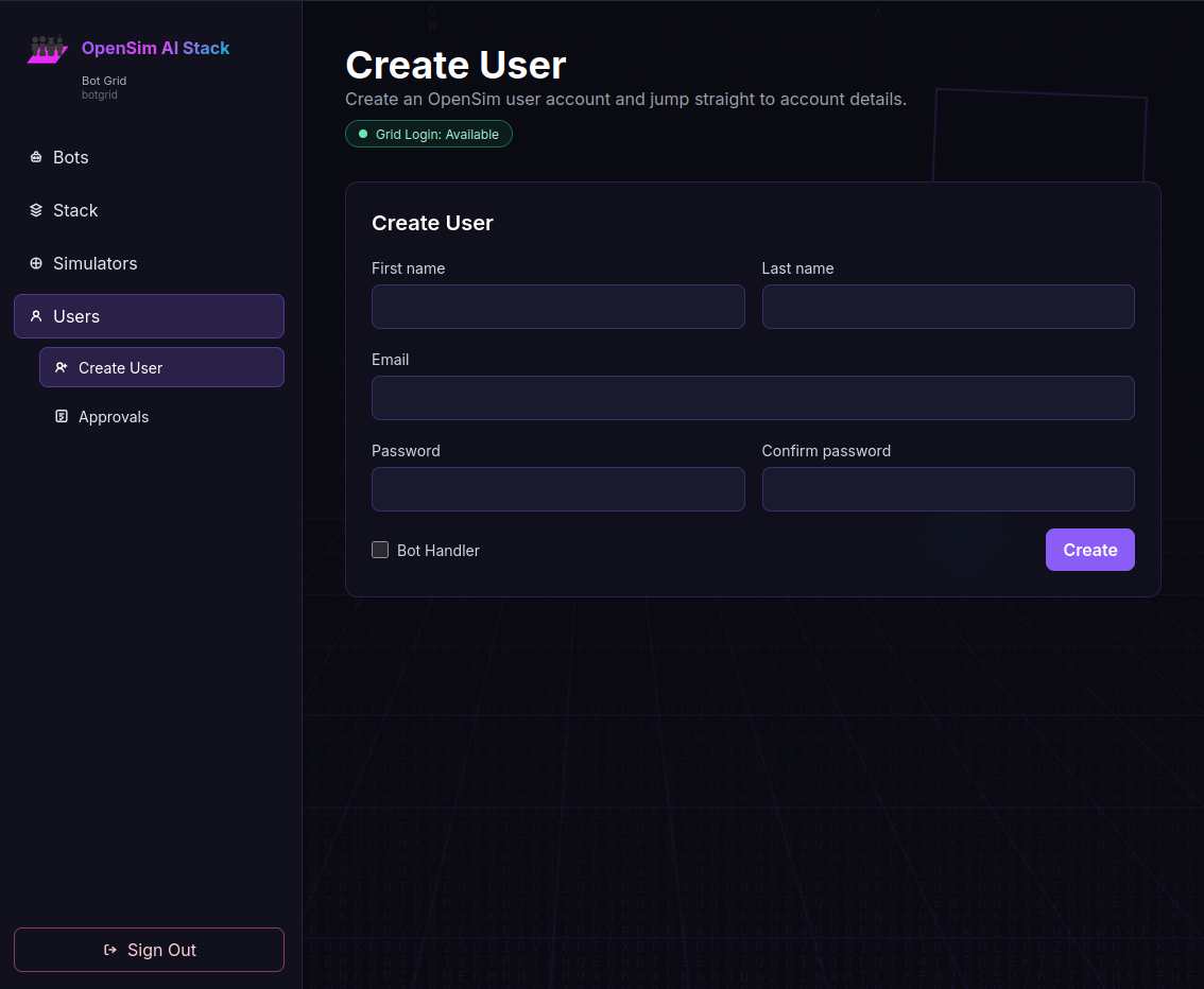 OpenSim web interface create user screen
