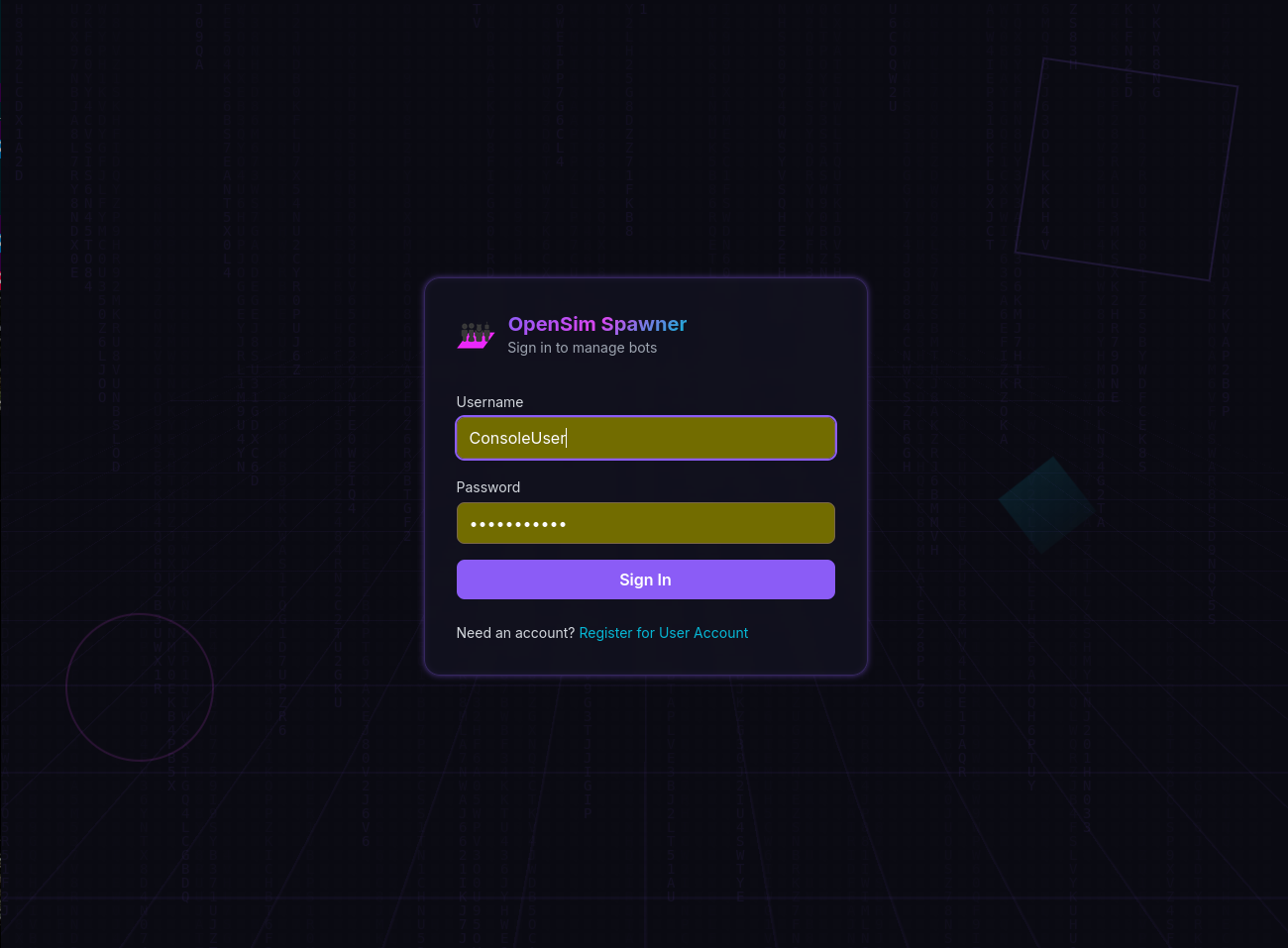 OpenSim web interface login screen