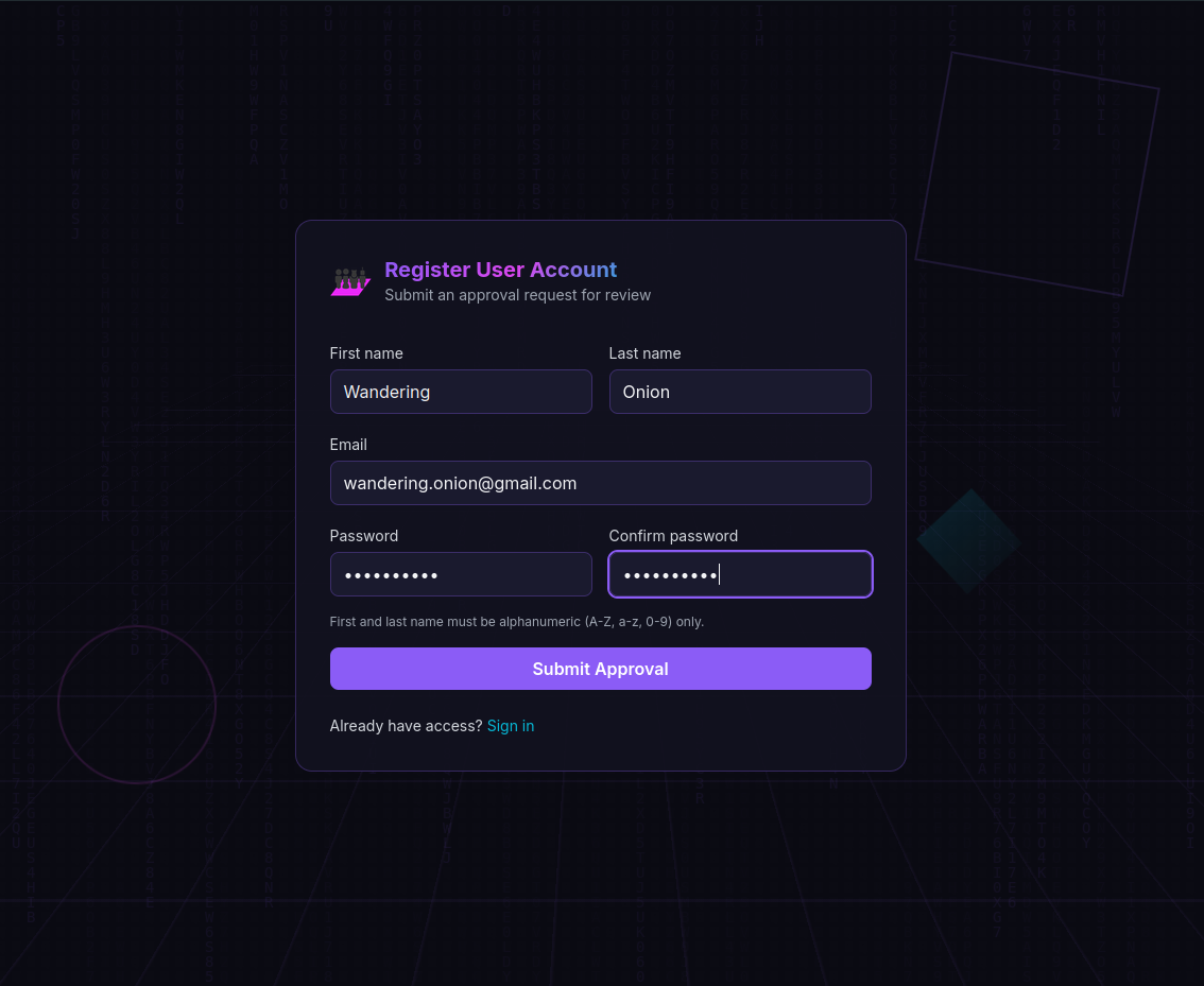 OpenSim web interface registration screen