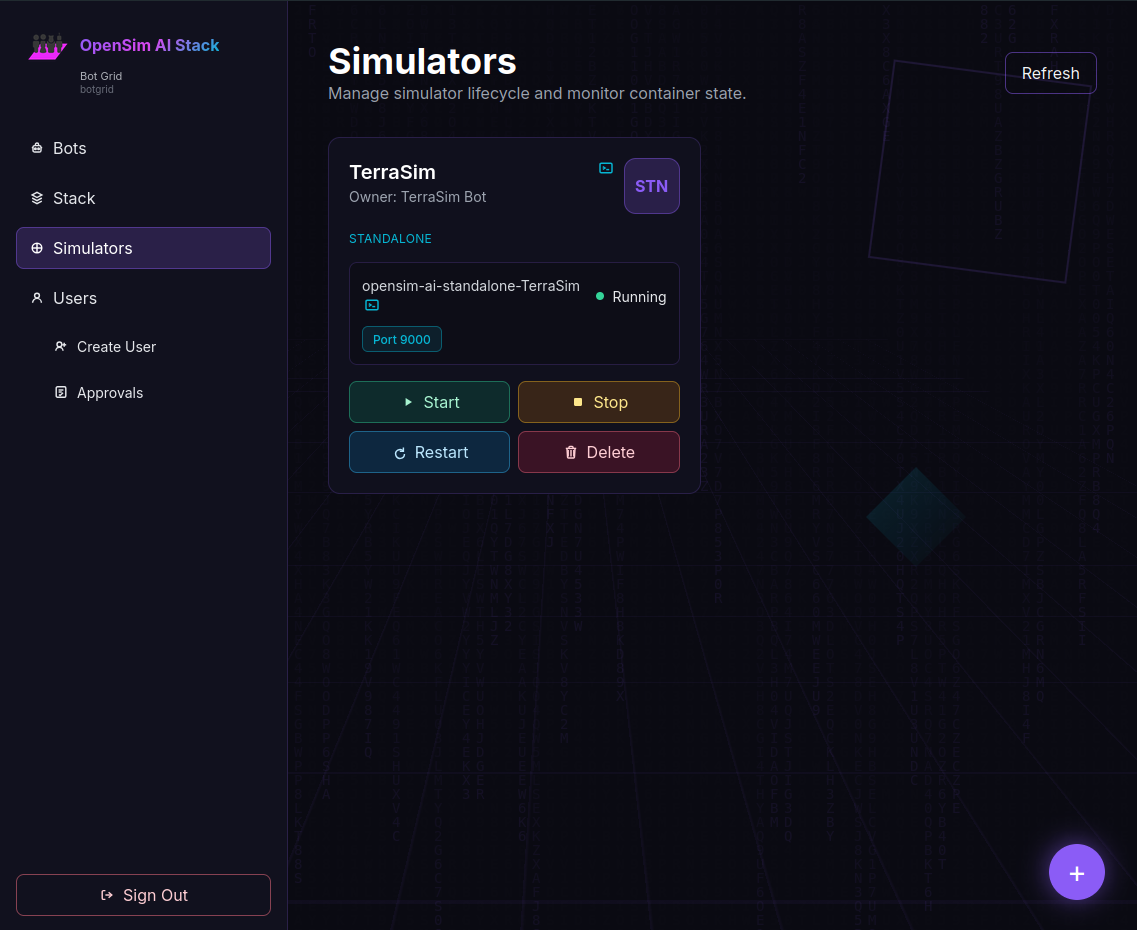 OpenSim web interface simulators management screen