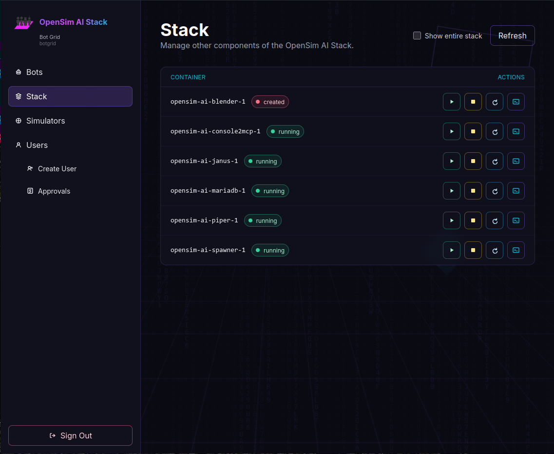 OpenSim web interface stack overview screen