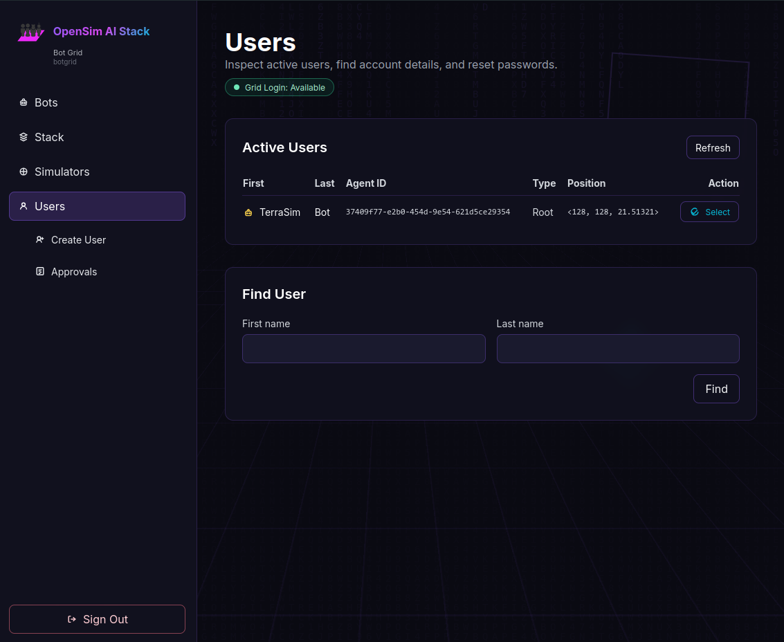 OpenSim web interface users management screen